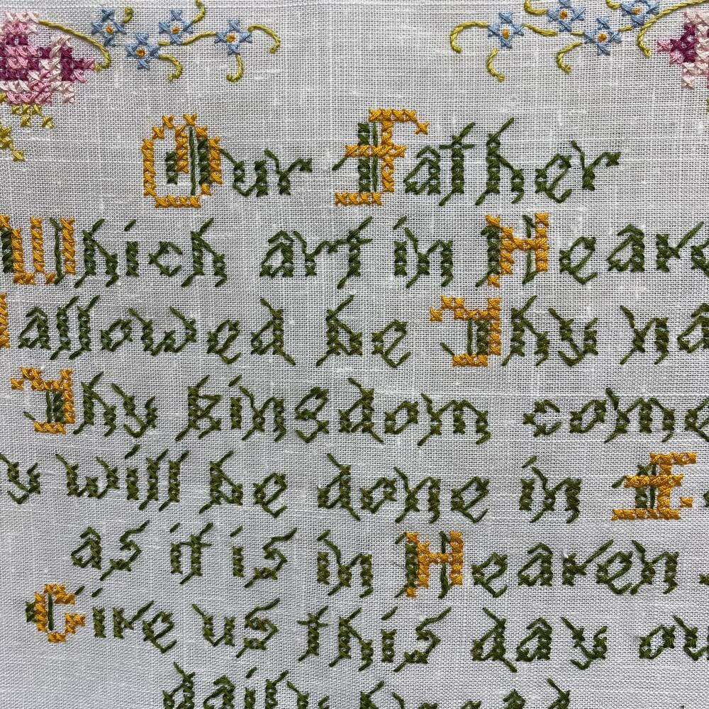 Lord's Prayer Daffodils Completed Cross Stitch 15.5 x 18.5, Vintage Sooz 70s